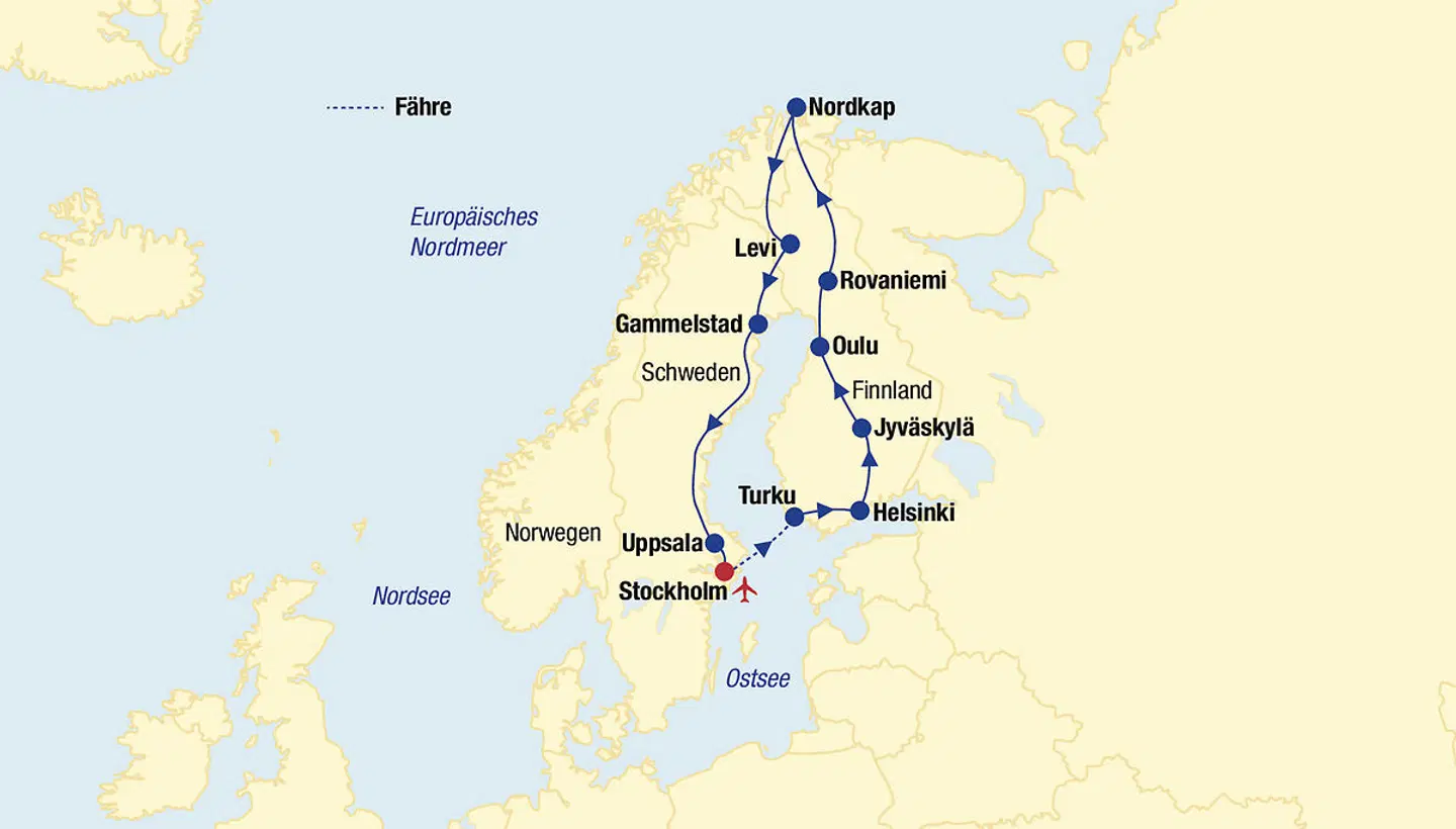 Skandinavien Rundreise  & Nordkap Landkarte