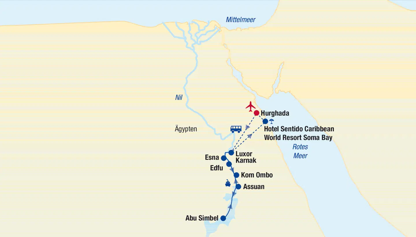 Nilkreuzfahrt ab/bis Luxor Landkarte