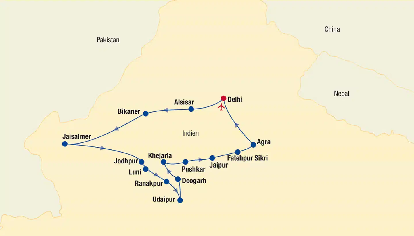 Indien - Rajasthan Rundreise Landkarte