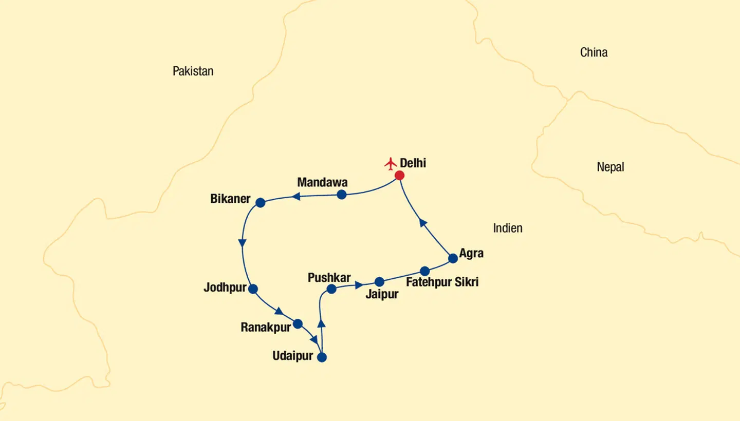 Indien - Rajasthan Rundreise Landkarte