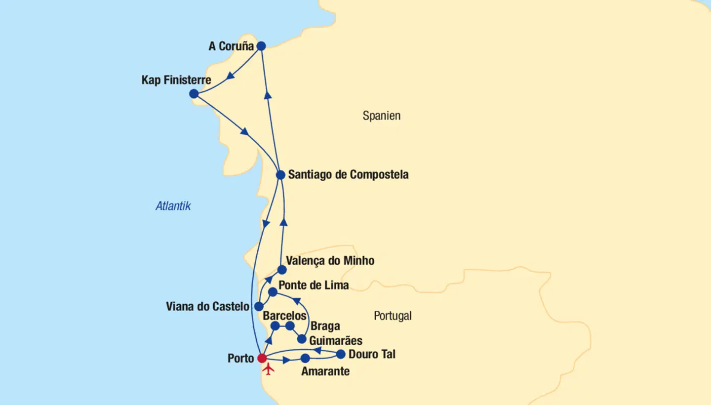 Portugal & Galicien Rundreise Landkarte