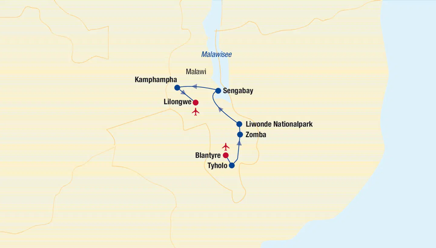 Malawi Rundreise Landkarte