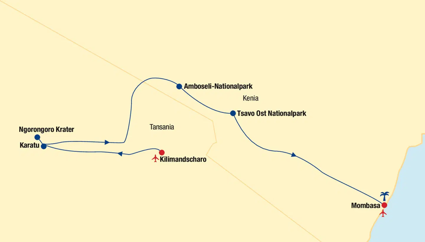 Tansania & Kenia Rundreise mit Baden Landkarte