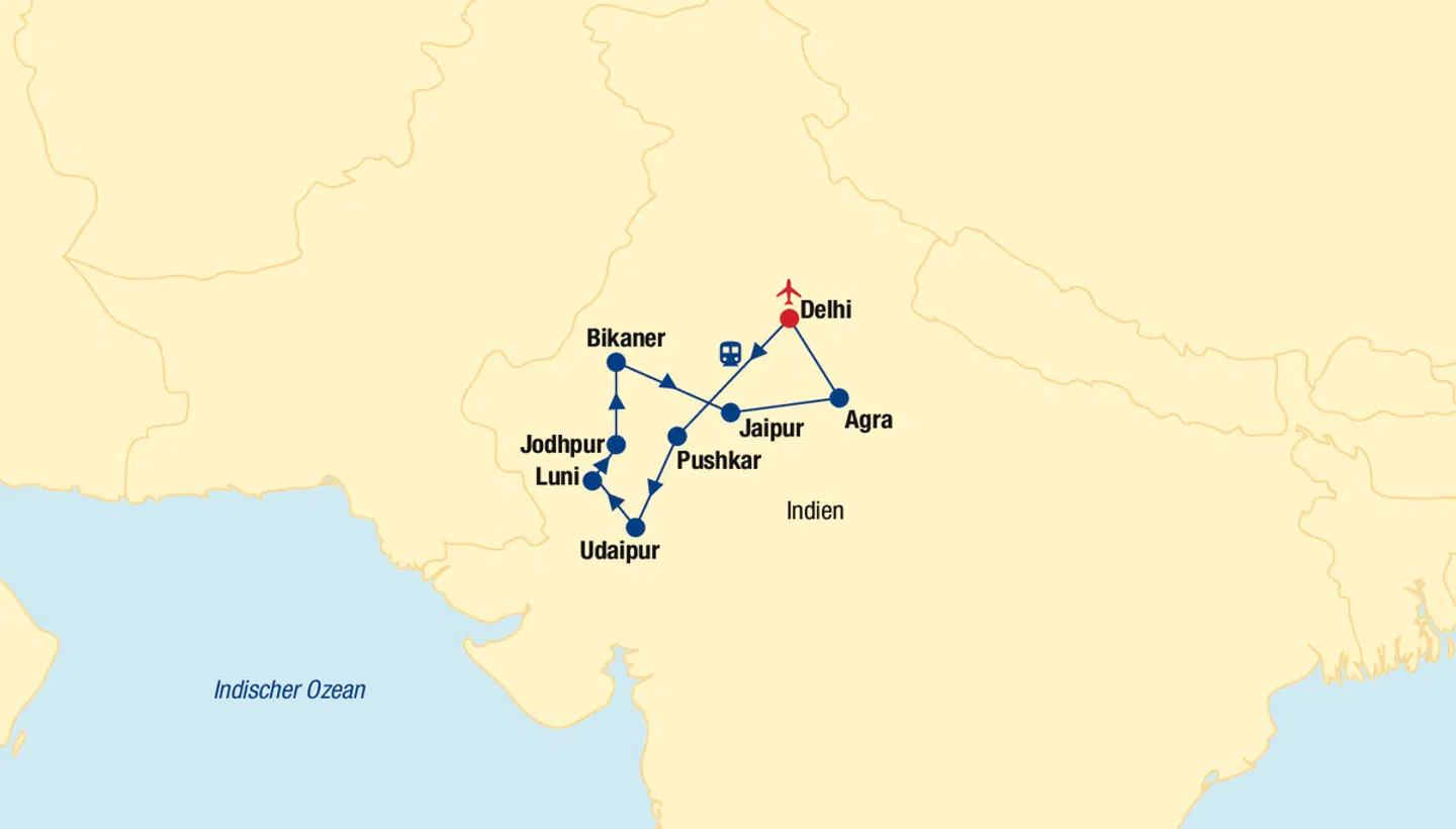 Indien Rundreise - Prachtvolles Rajasthan Landkarte
