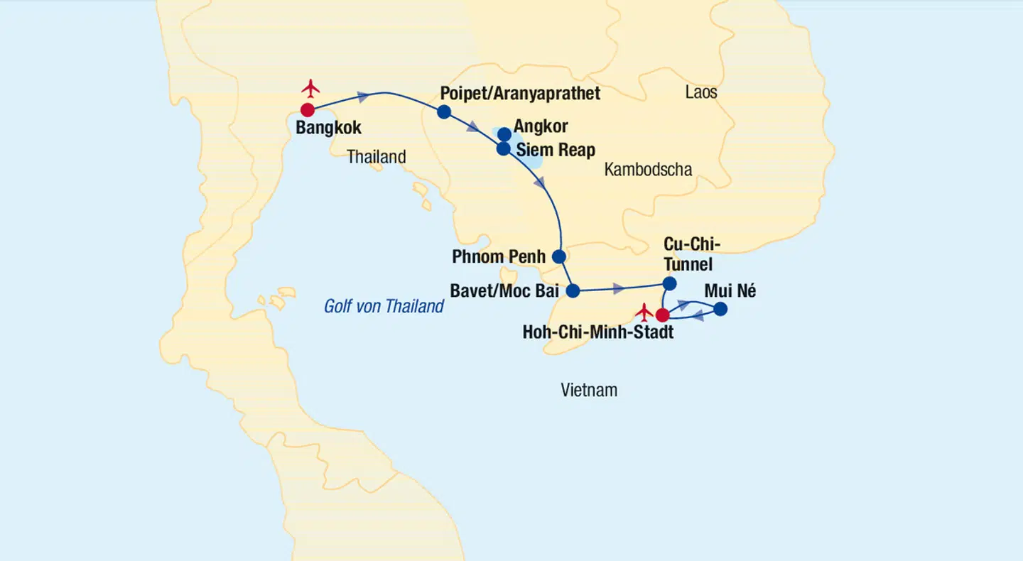 Thailand, Kambodscha, Vietnam Rundreise & Baden Landkarte