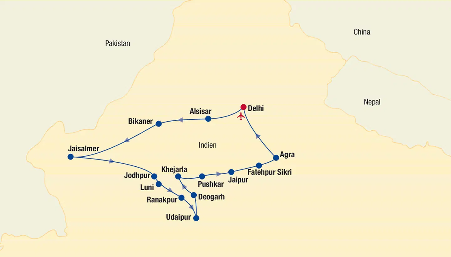 Indien - Rajasthan Rundreise Landkarte