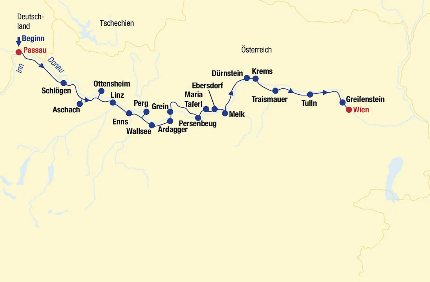Donau Radweg Passau - Wien Landkarte