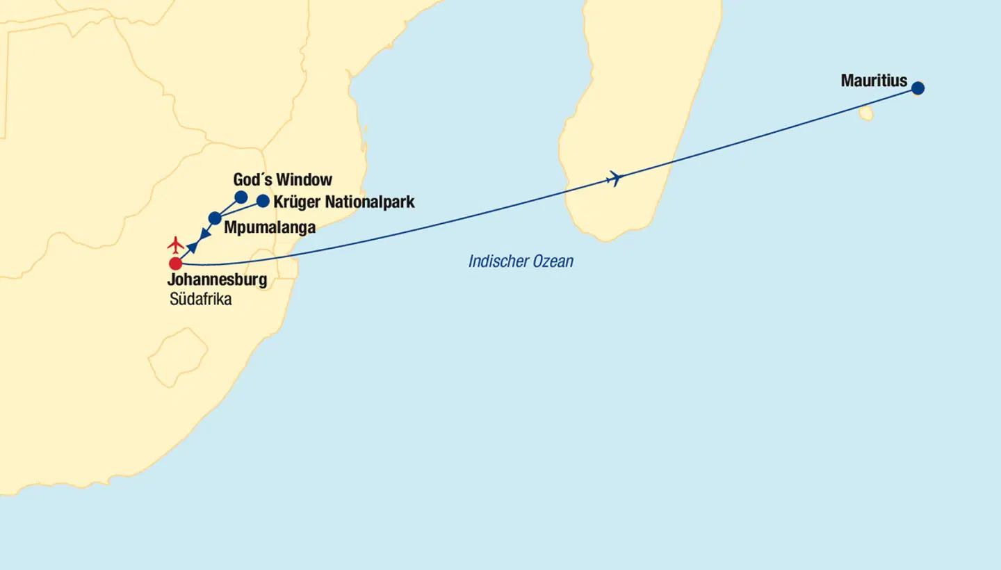 Südafrika & Mauritius Rundreise mit Badeaufenthalt Landkarte