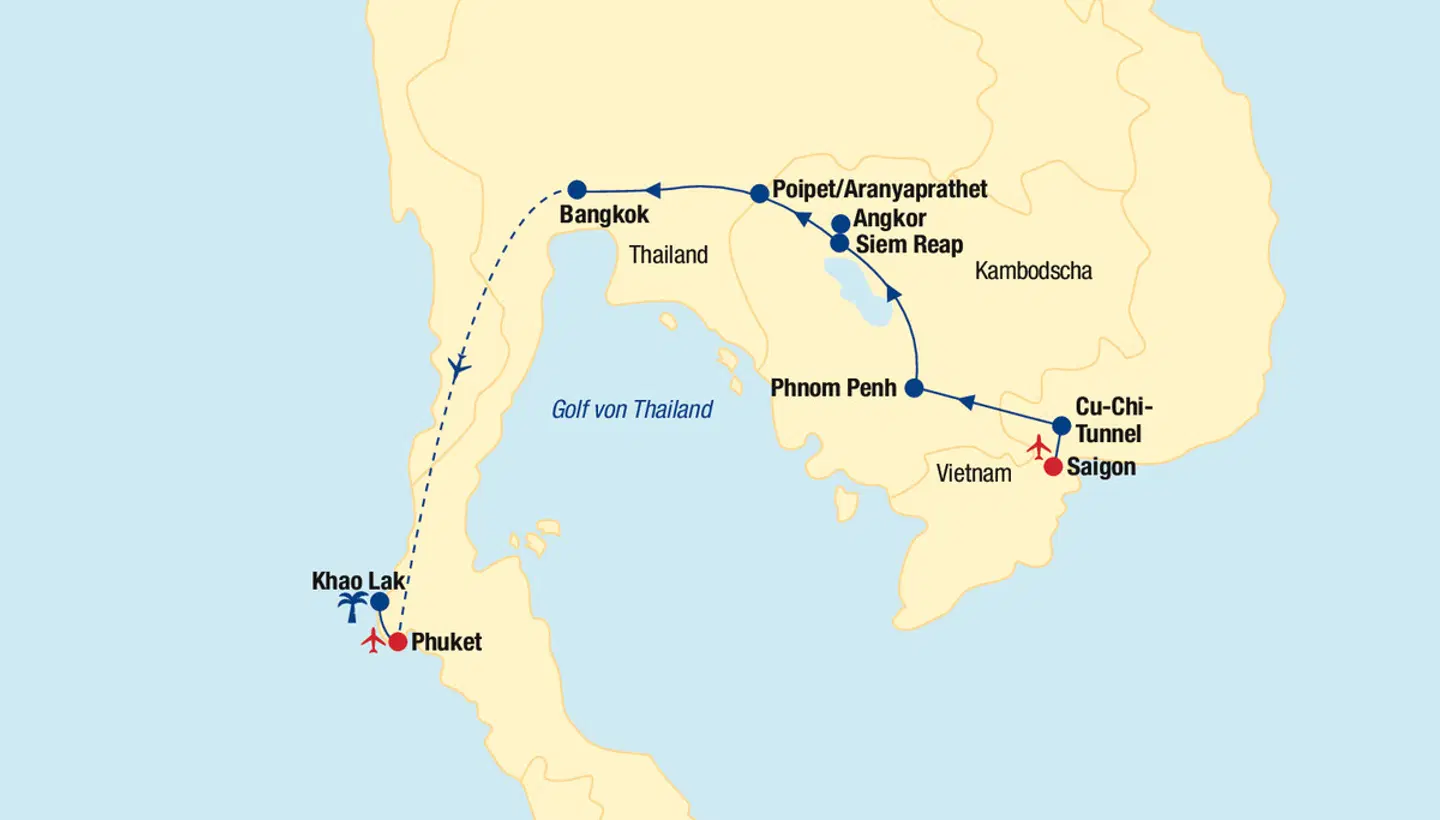 Vietnam, Kambodscha & Thailand Rundreise Landkarte