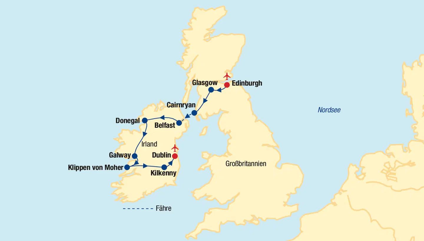 Schottland & Irland Rundreise Landkarte