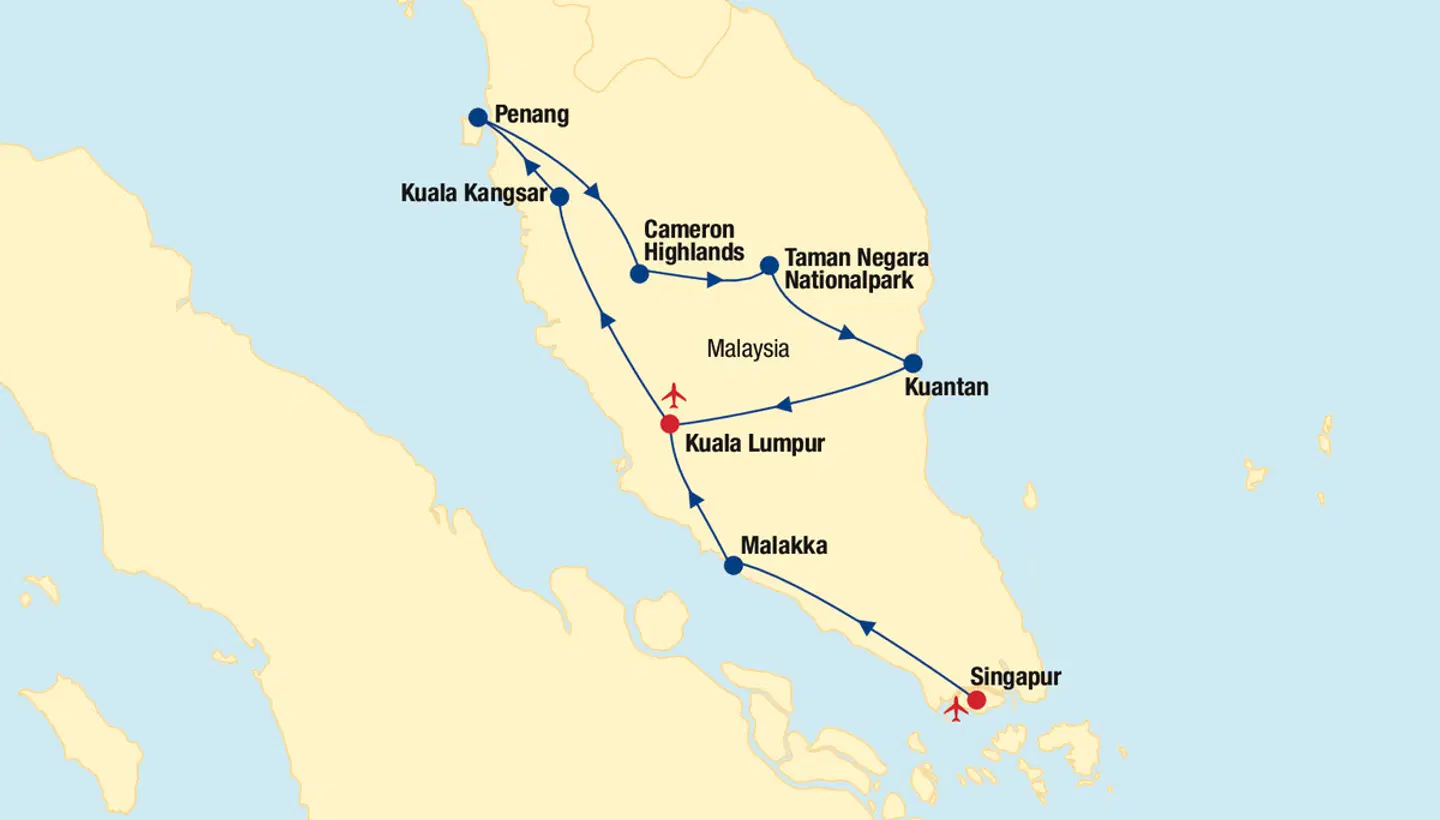 Singapur Rundreise  & Baden Malaysia Landkarte