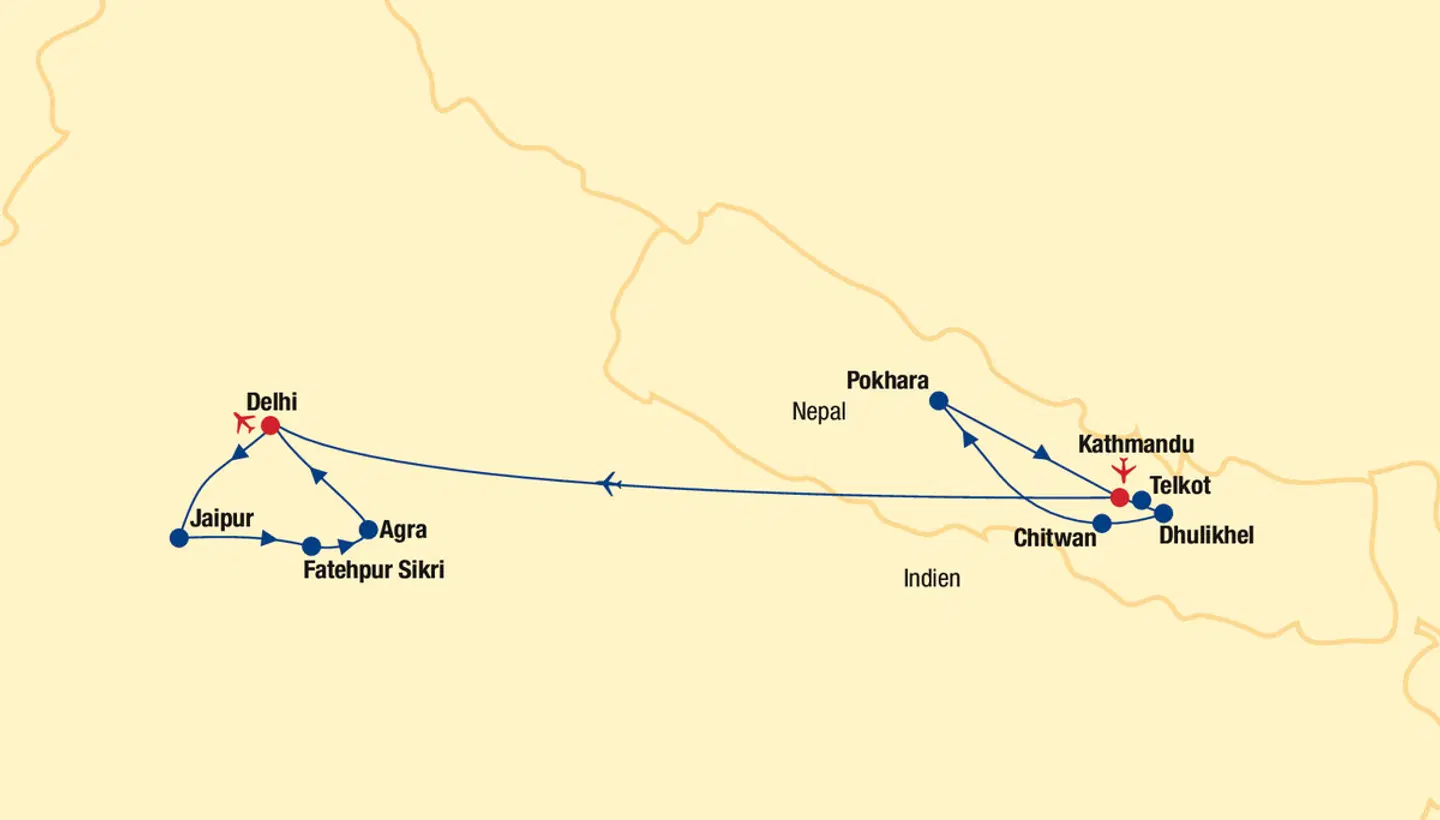Nepal & Indien Rundreise Landkarte
