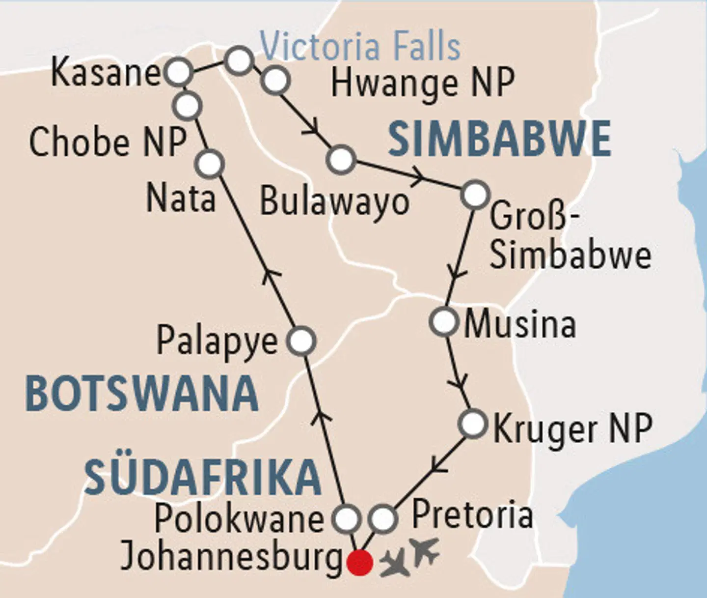 Südafrika - Botswana - Simbabwe Rundreise Landkarte