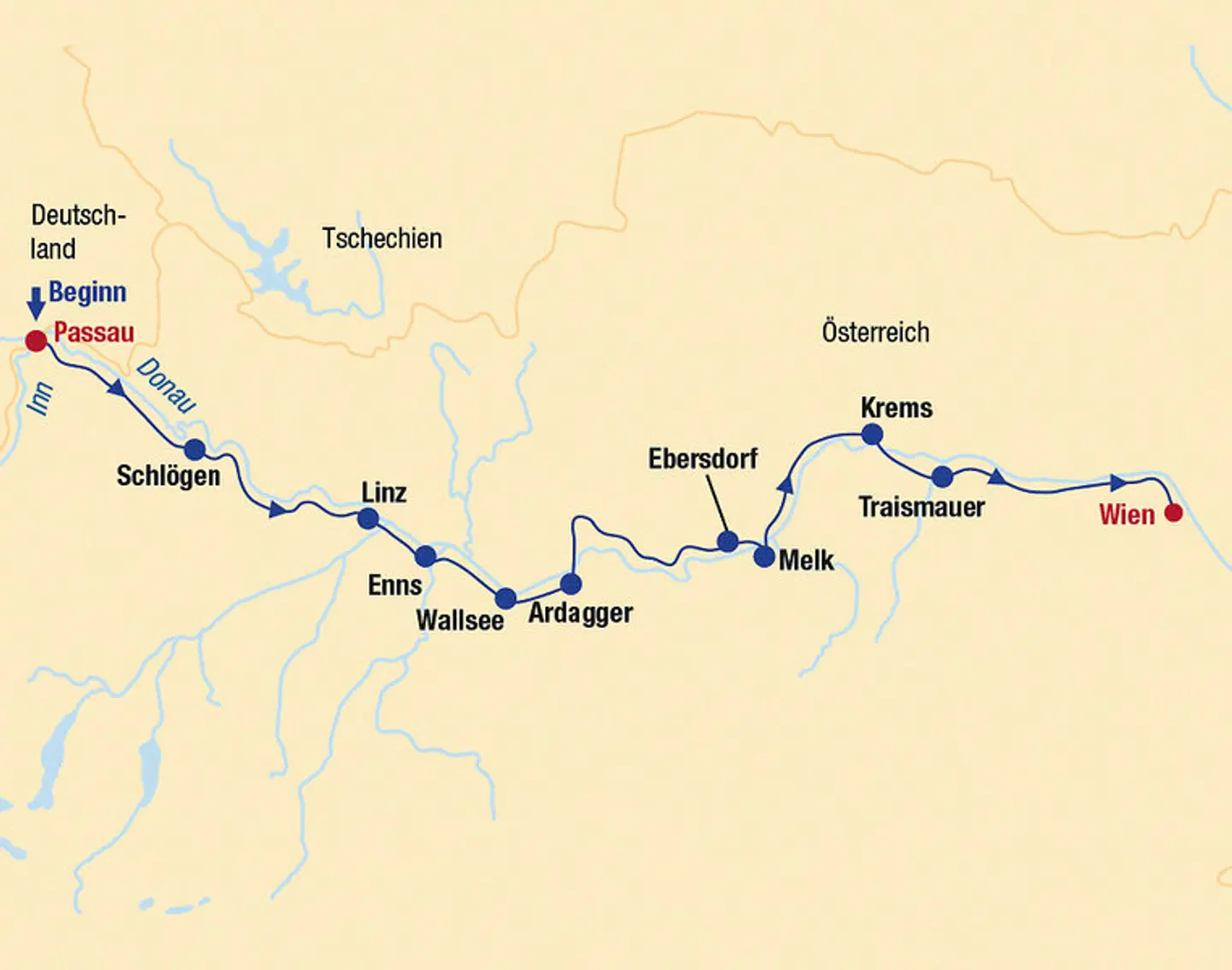 Donauradweg ab Passau bis Wien Landkarte