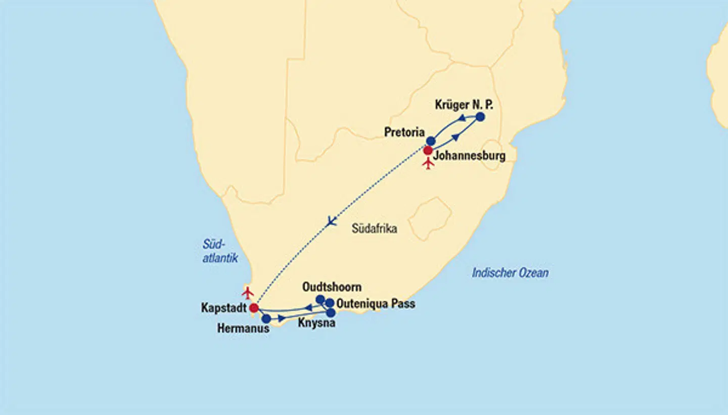 Südafrika Rundreise - Krüger Nationalpark & Gardenroute Landkarte