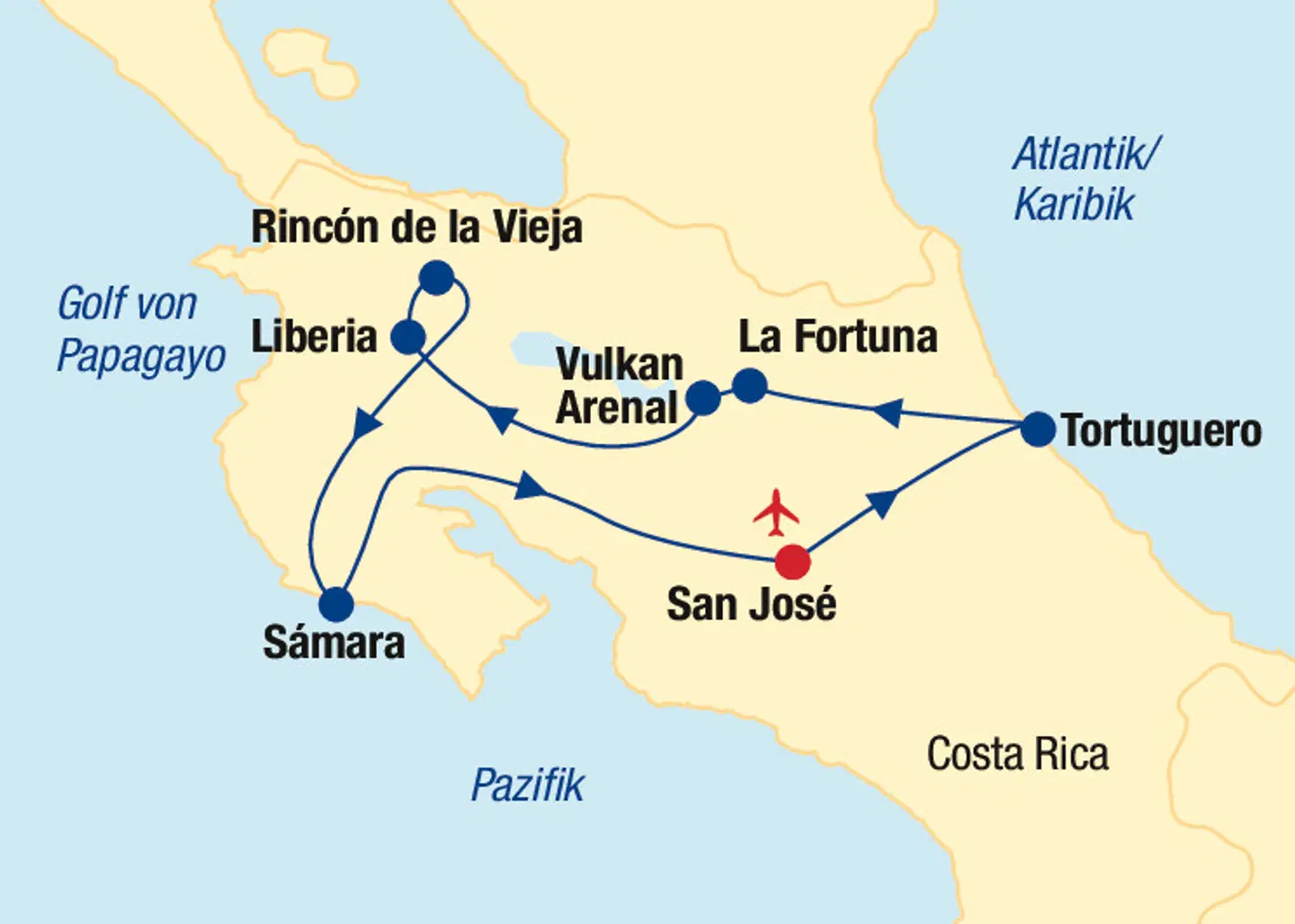 Costa Rica Rundreise & Baden Landkarte
