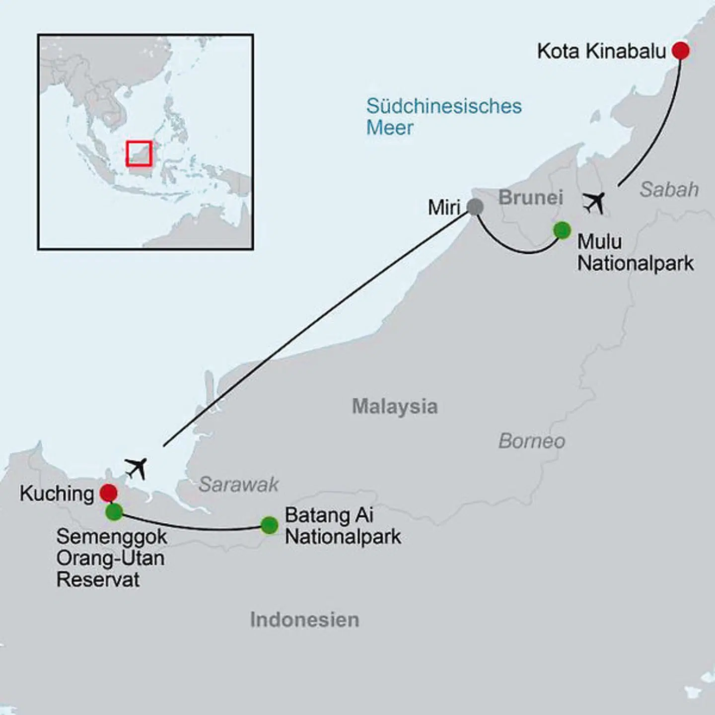 Naturwunder Borneos (Kuching-Kota Kinabalu) Landkarte