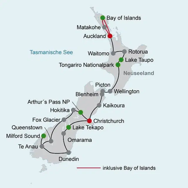 Große Neuseeland Rundreise (14 Tage/13 Nächte) Landkarte