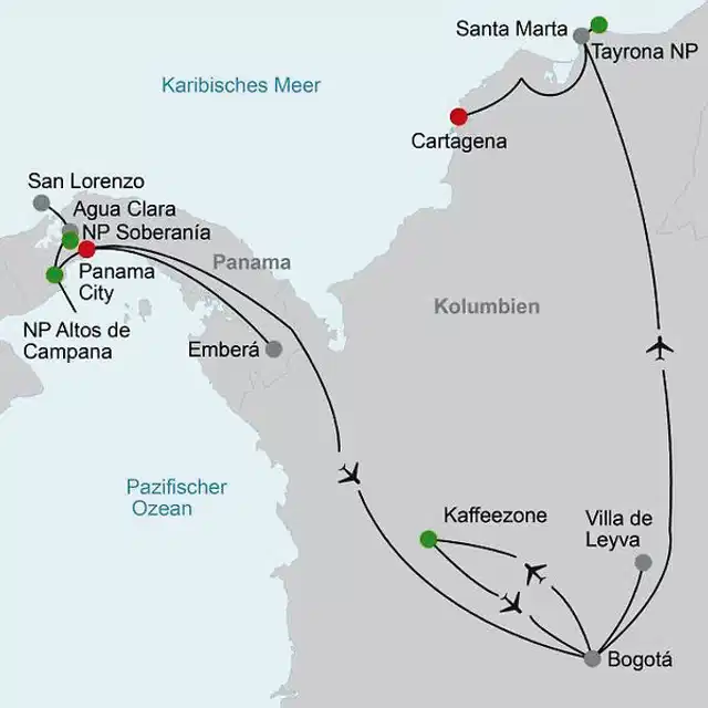 Panama & Kolumbien - von Kanalwundern, Kaffeekultur und Küstenzauber Landkarte
