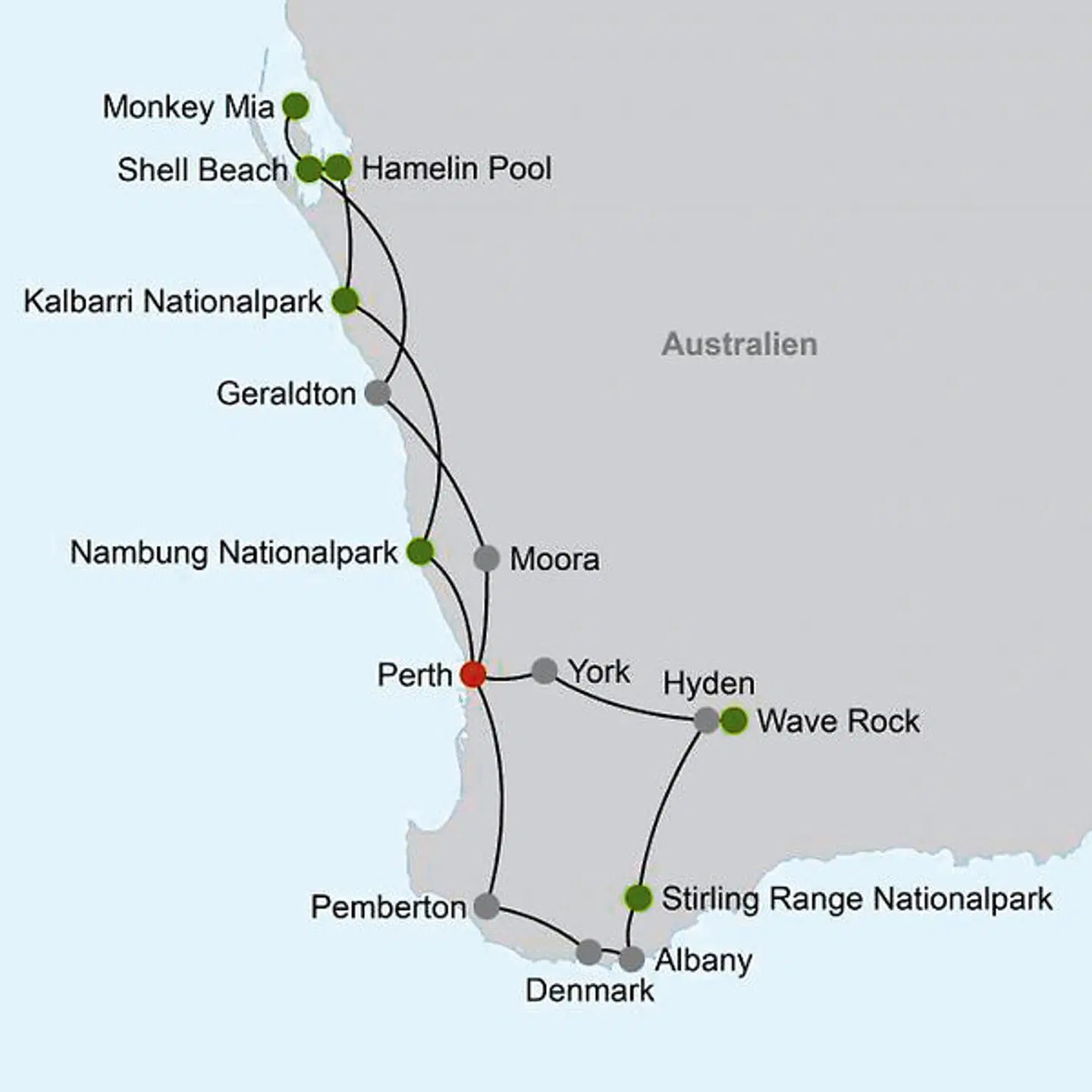 Höhepunkte im Westen Australiens (10 Tage) Landkarte