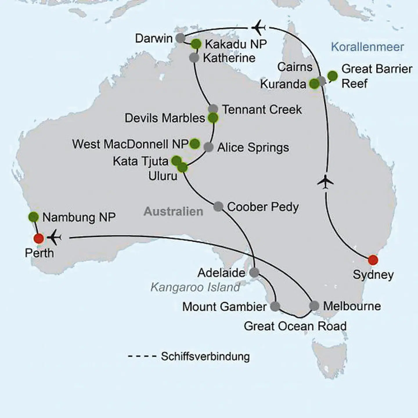 Australien zum Kennenlernen (ab Sydney/bis Perth) Landkarte