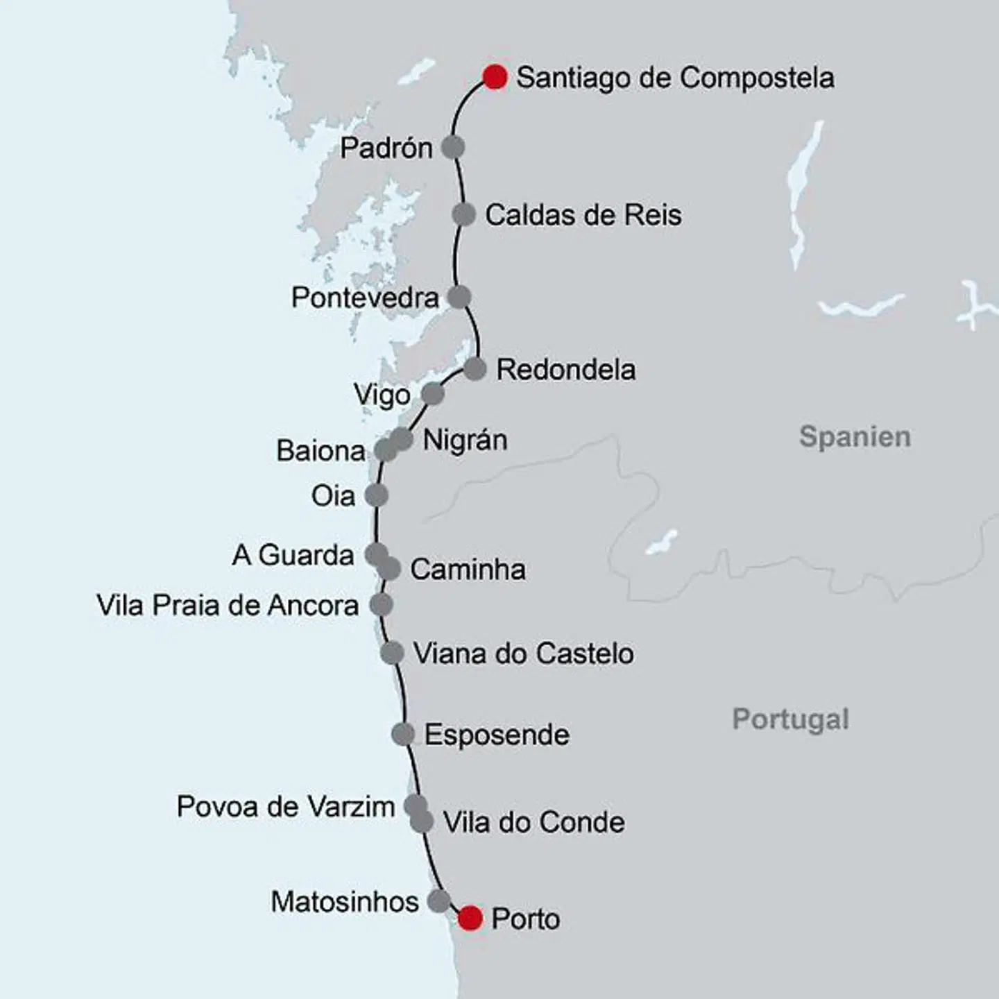 Jakobsweg Porto - Santiago de Compostela Landkarte