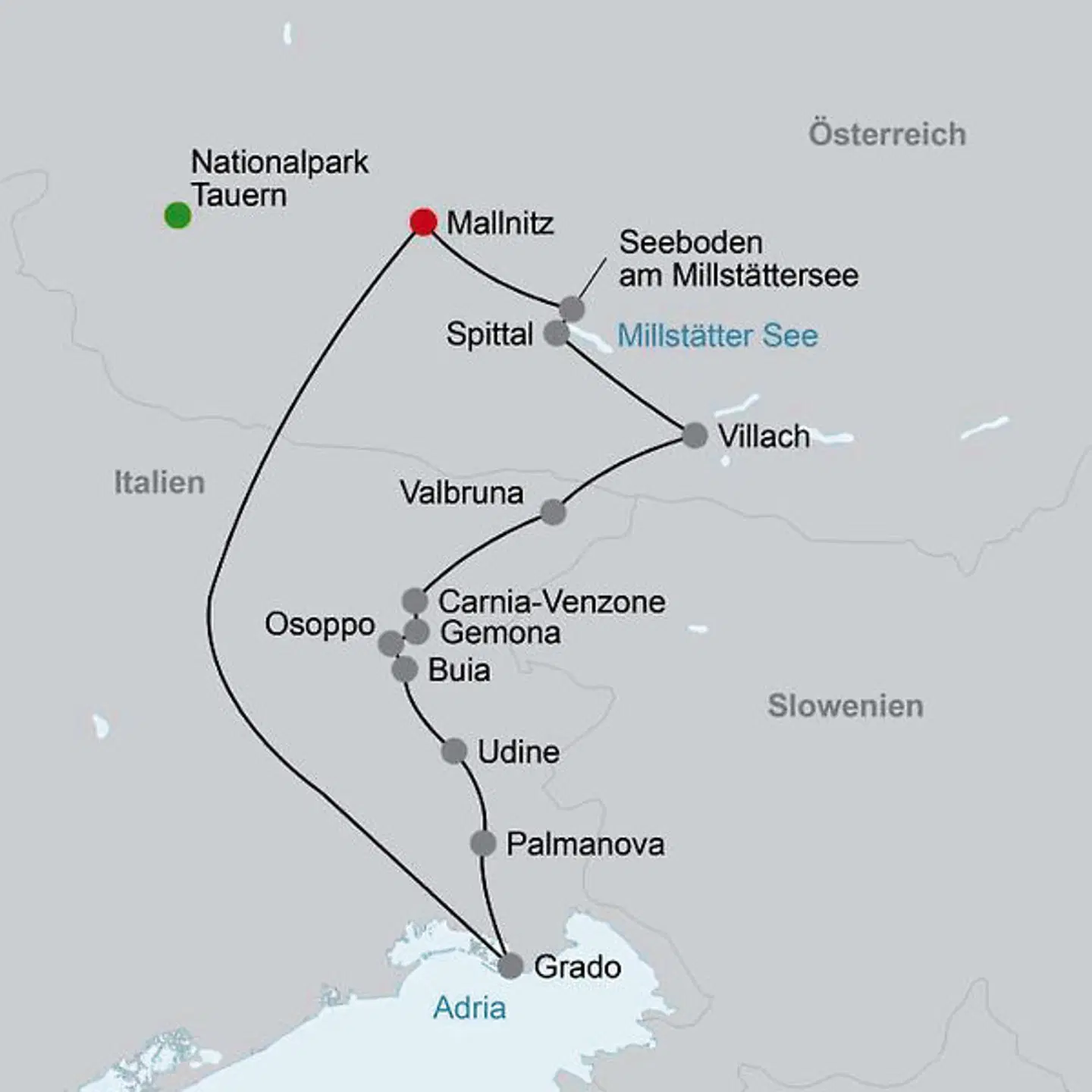 Alpe-Adria Radweg klassisch - Mallnitz bis Grado Landkarte