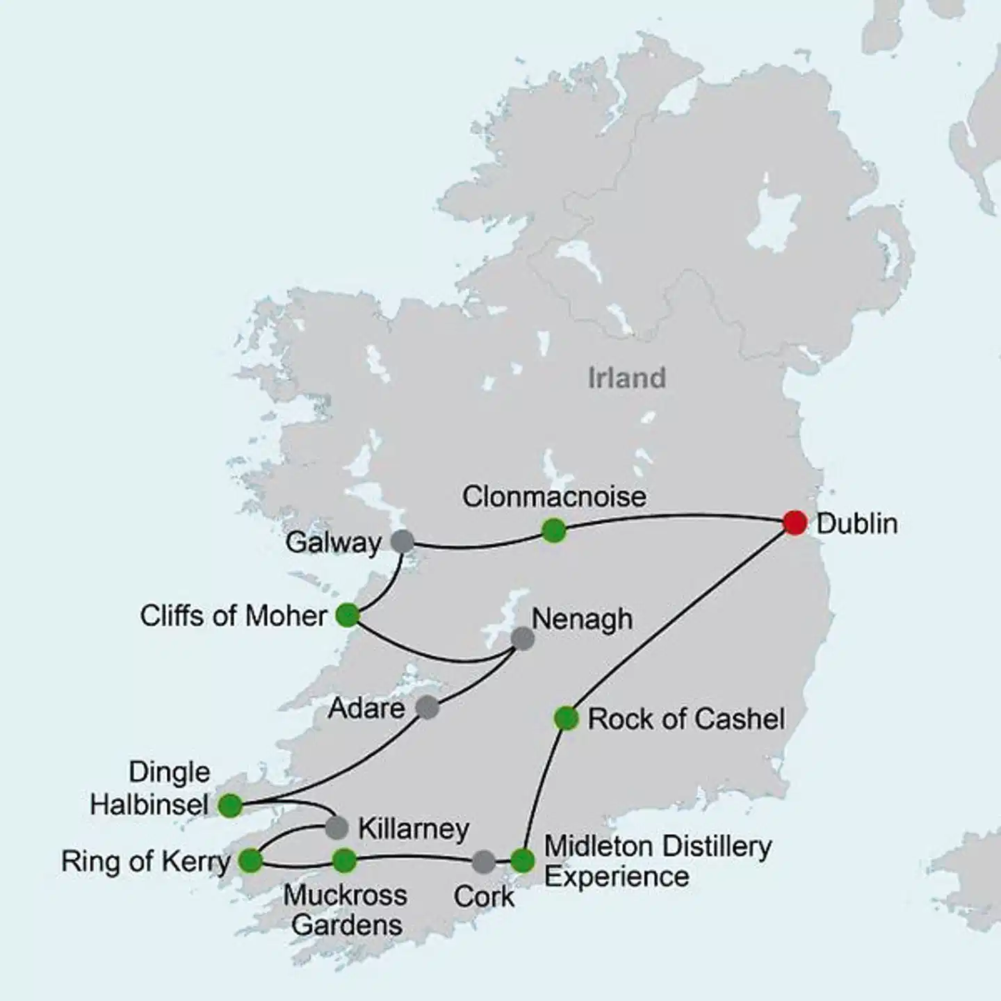Entlang der Höhepunkte Irlands Landkarte