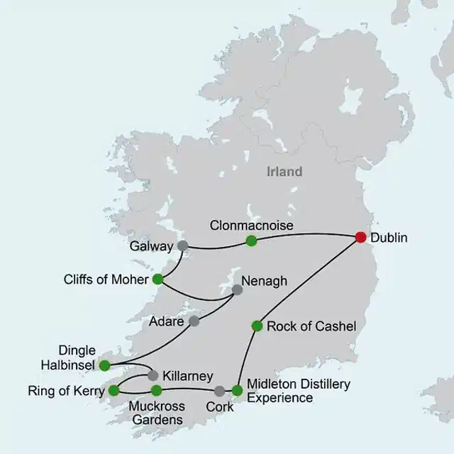 Entlang der Höhepunkte Irlands Landkarte