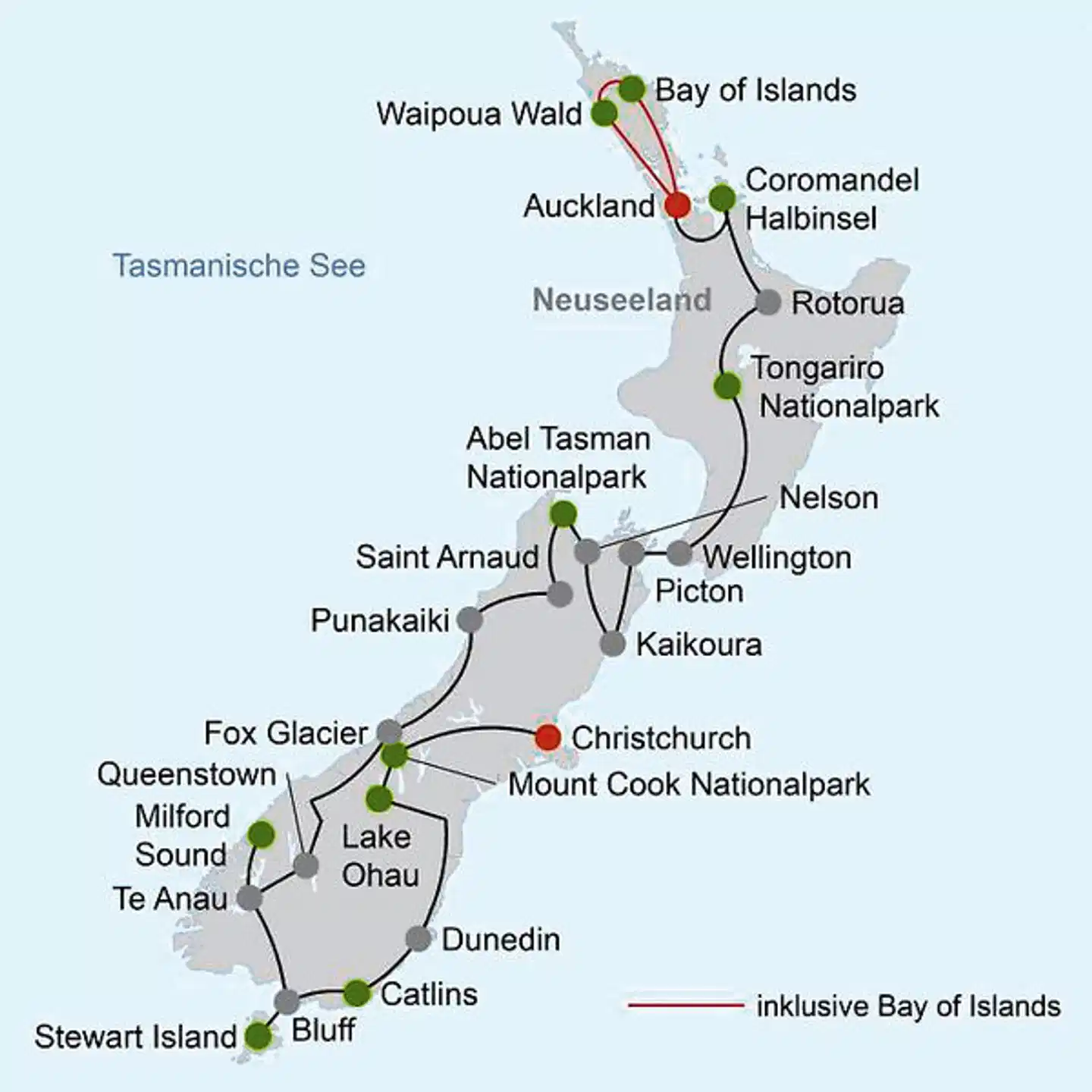 Naturwunder Neuseelands (Christchurch-Auckland, 21 Nächte) Landkarte
