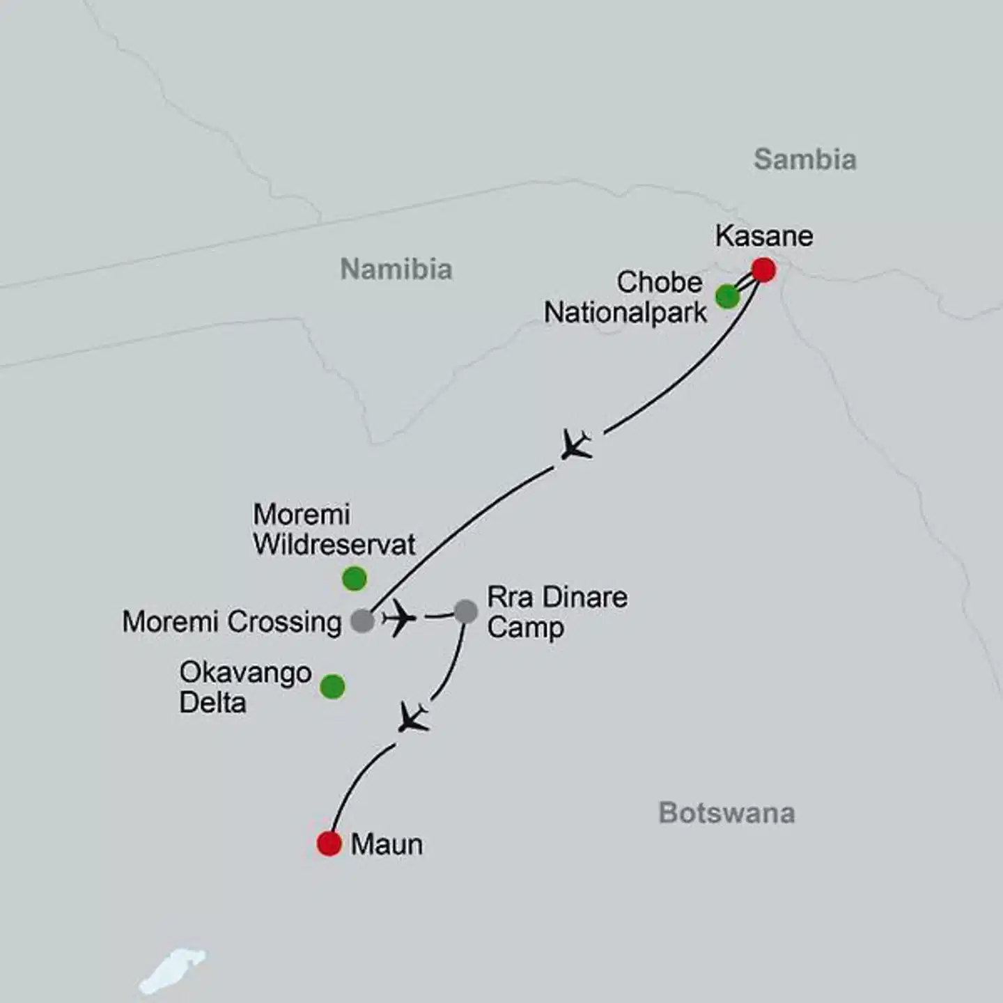 Chobe & Okavango Fly In Safari Landkarte