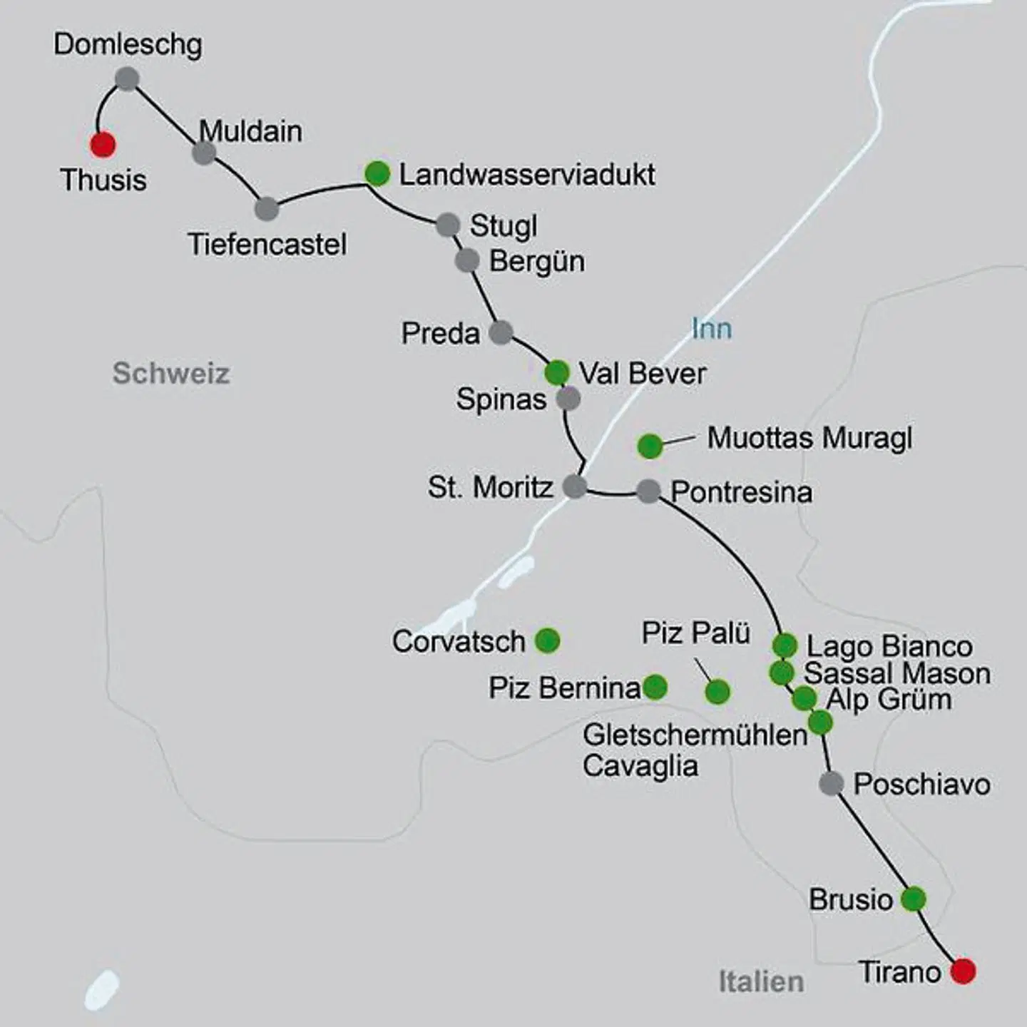 Via Albula & Bernina: Alpenwandern mit Zugerlebnis Landkarte