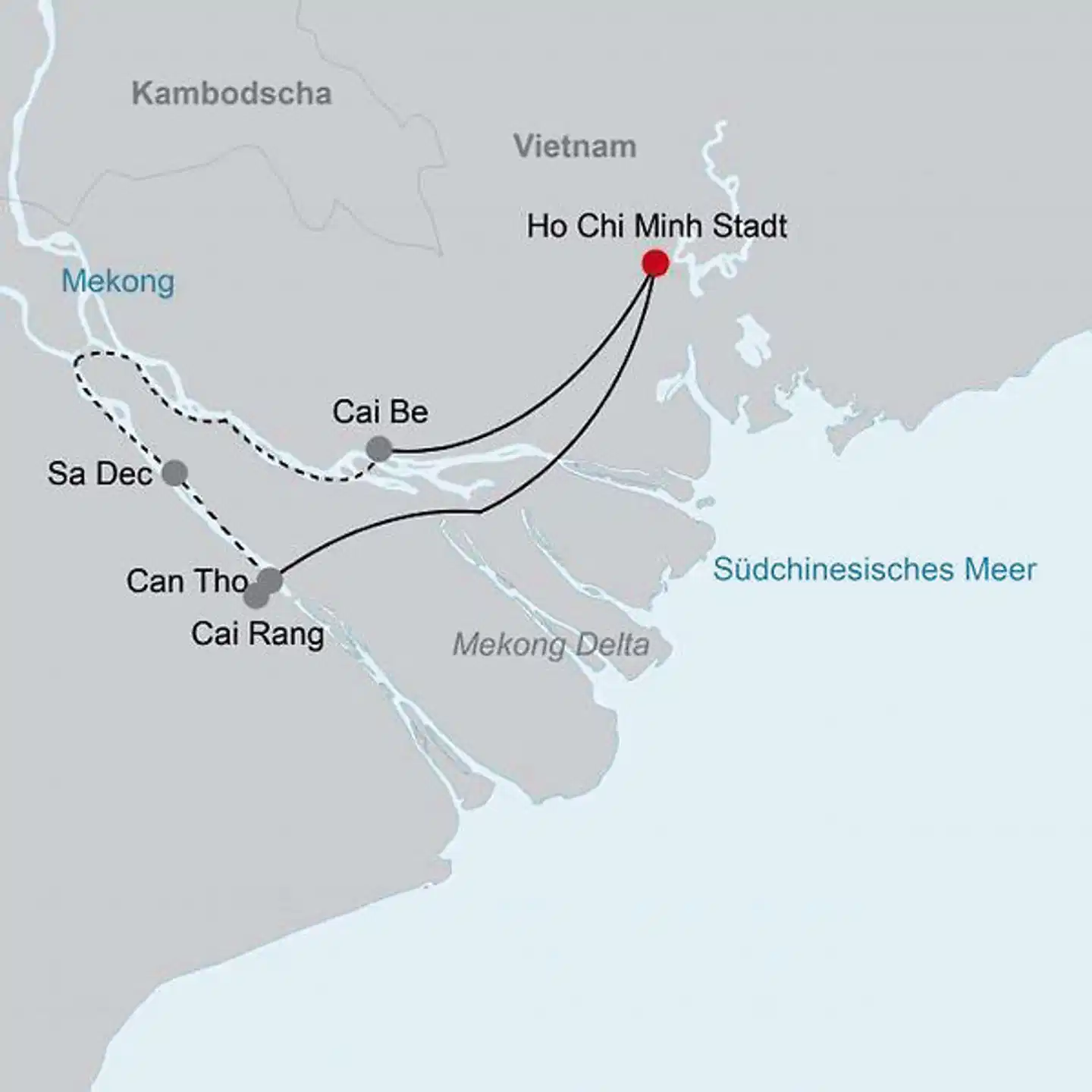 Mekong-Delta mit dem Sampan-Boot (1 Nacht) Landkarte