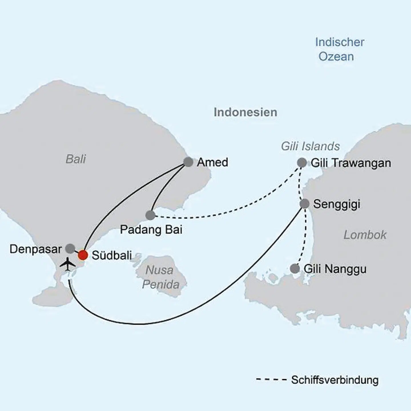 Inselhüpfen Bali, Gilis & Lombok Landkarte